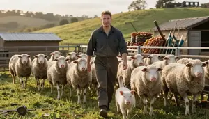Cat Breeder Herding Sheep Across In A Pig Farm Pen Area In Professional Setting
