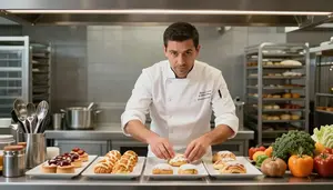 Chef Arranging Pastries Display In A Professional Bakery Kitchen In Professional