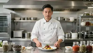Chef Preparing Dishes Professional In A Professional Bakery Kitchen In