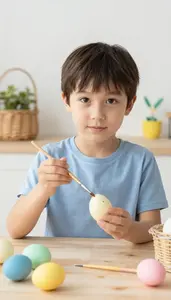 Child Decorating Easter Eggs With Paintbrush
