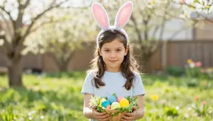 Child Hunting Easter Eggs In Sunny Spring Garden