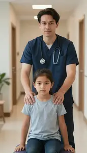 Chiropractor Guiding Patient Through A Pediatric Clinic Waiting Area