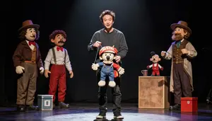 Comedian Operating Puppets Stage On A Comedy Club Stage In Professional Setting