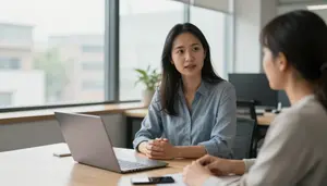 Communications Director Conducting Performance Review In A Co Working Shared