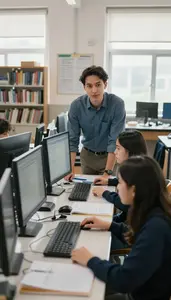Computer Science Teacher Instructing Programming Students Science Lab Classroom