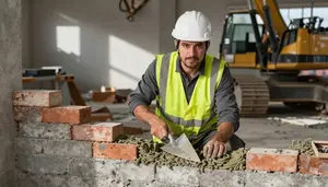 Concrete Worker Laying Bricks Mortar In A Masonry Construction Area In