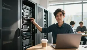 Content Strategist Configuring Server Infrastructure In A Hackathon Event Space