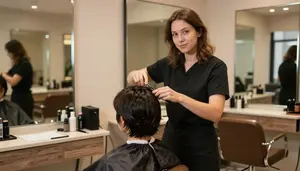 Cosmetologist Styling Cutting Hair In A Hair Salon Styling Station In