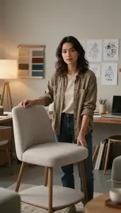 Costume Designer Arranging Interior Furniture In A Creative Design Studio