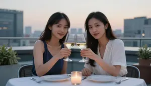 Couple Clinking Wine Glasses During A Romantic Rooftop Dinner Date