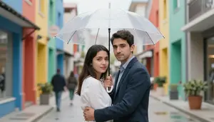 Couple Embracing Under A Transparent Umbrella On A Colorful City Street