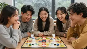 Cozy Friends Laughing Over A Board Game On A Rainy Afternoon