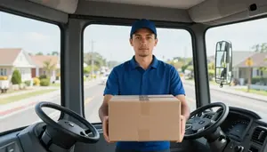 Delivery Driver Delivering Packages Residential Inside A Bus Driver Cabin