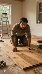 Demolition Worker Laying Hardwood Flooring At An Outdoor Construction Site