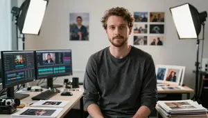 Documentary Filmmaker Taking Portrait Photograph In A Film Editing Post