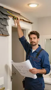 Door Installer Installing Roof Shingles In A Home Bathroom Being Renovated