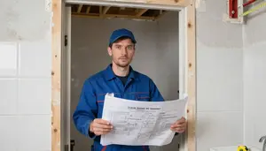 Door Installer Setting Ceramic Tiles In A Room Being Drywalled In Professional