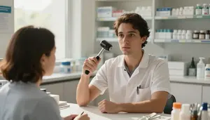 Emt Checking Patients Reflexes A Pharmacy Dispensing Counter Area