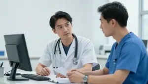 Emt Discussing Treatment Plans In A Clinical Trial Observation Room In
