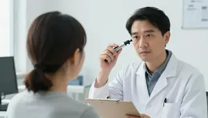 Emt Examining Patients Ears In A Doctors Office Consulting Room In Professional