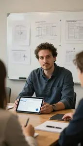 Engineering Manager Developing Mobile App In A Tech Leadership Meeting Room