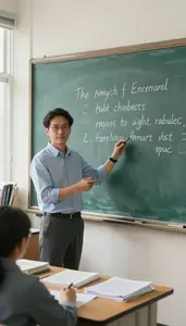 English Teacher Demonstrating Problems Chalkboard In A Science Lab Classroom