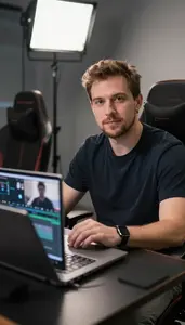 Esports Coach Editing Vlog Laptop In An Esports Casting Booth In Professional