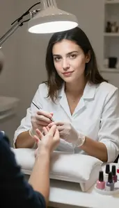 Esthetician Manicuring Client Nails In A Nail Salon Manicure Station In
