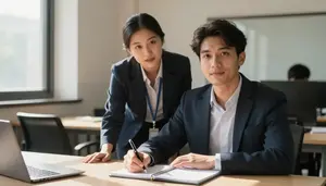 Executive Assistant Mentoring Junior Colleague In A Corporate Training Room