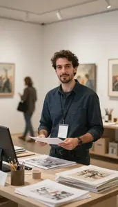 Exhibition Designer Negotiating Art Sale In A Museum Gallery Exhibition Space