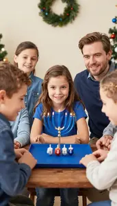 Family Playing Dreidel Game For Hanukkah