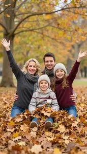 Family Playing In A Pile Of Raked Autumn Leaves Joyfully