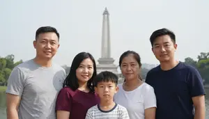 Family Taking A Picture With An Iconic Landmark In The Distant 