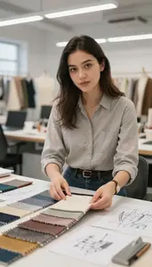 Fashion Designer Selecting Fabric Swatches A Textile Design Atelier
