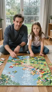 Father And Daughter Working On A Giant Jigsaw Puzzle On A Rainy Day