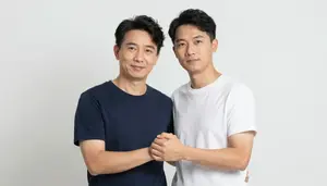 Father And Son Sharing A Secret Handshake That Ends In A Hug