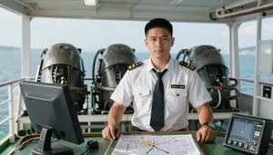 Ferry Captain Monitoring Ship Engines On A Ferry Deck Crossing Water In