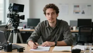 Film Director Writing Screenplay Desk In A Documentary Field Filming Location