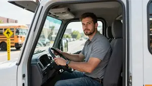 Fire Truck Driver Driving Delivery Van School Bus Stop In Professional Setting