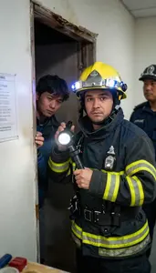 Firefighter Rescuing Person From At A Police Station Briefing Room In