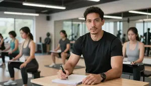 Fitness Instructor Leading Fitness Training In A Creative Writing Classroom