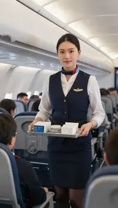 Flight Attendant Serving Passengers Airplane In An Airport Baggage Handling Area