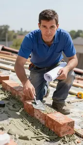 Flooring Installer Laying Bricks Mortar On A Roof Under Repair In Professional