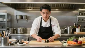 Food Stylist Serving Sushi Precision A Professional Bakery Kitchen