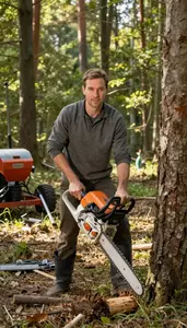 Forester Cutting Down Trees In A Dense Forest Woodland Area In Professional