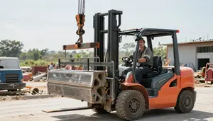 Forklift Operator Operating Crane Lift At A Road Construction Site In