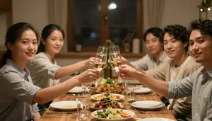 Friends Raising Glasses In A Toast At A Cozy Dinner Party
