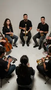Friends Sitting In A Circle Playing Musical Instruments Badly