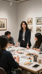 Gallery Director Teaching Art History In A Museum Exhibition Design Studio
