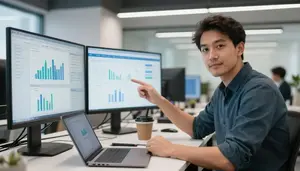 Game Developer Reviewing Analytics Dashboards In A Product Design Review Room